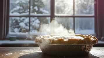 Warm apple pie on a wooden table, steaming, in front of a snowy window. photo
