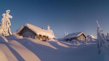 Snow-covered wooden cabins nestled in a winter wonderland at sunrise. photo