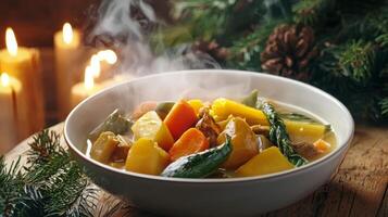 Steaming hot vegetable stew in bowl on wooden table with Christmas decor. photo