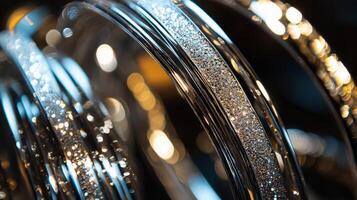 Close-up of elegant silver bangles with textured surfaces, showcasing reflective highlights and blurred background. photo