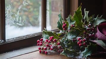 Snow-dusted holly berries and leaves rest on a rustic windowsill, a winter scene. photo
