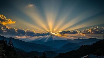 Majestic sunset bursting through clouds over mountain range. photo