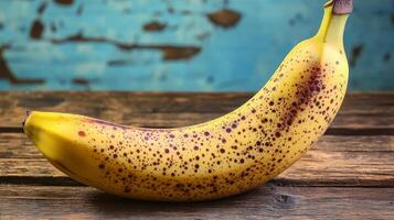 Ripe banana with dark spots on wooden surface. photo