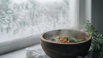 Steaming hot soup in rustic wooden bowl on windowsill, frosty winter scene. photo