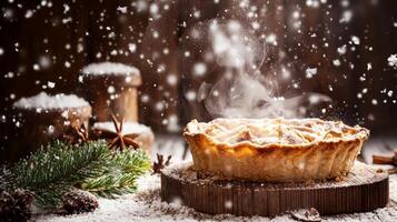 Steaming apple pie on wooden board, snow falling, winter setting. photo