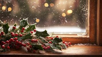 Holly berries and leaves on a snowy windowsill with a blurred festive background. photo