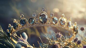 Golden tiara with blue gemstones resting on wildflowers, sunlit. photo