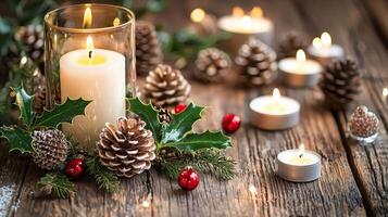 Festive Christmas scene with candles, pine cones, holly, and ornaments on rustic wood. photo