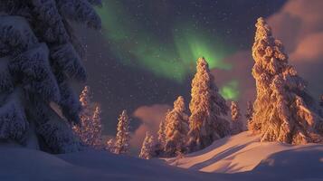 Snowy forest at night with aurora borealis. photo