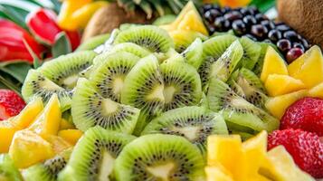 Close-up of a vibrant fruit platter featuring sliced kiwi, mango, strawberries, and blueberries. photo