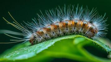 Close-up of a hairy caterpillar on a green leaf. photo
