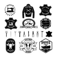 Set of repair workshop labels and design elements. Leather works, shoe repair, apparel workshop. Design element for logo, label, emblem, sign, brand mark. illustration. vector
