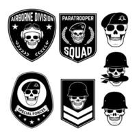 Set of military emblems and design elements. Skulls with military headdresses. paratrooper. Airborne division. Design elements for emblem, badge, label. vector