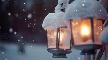 Snowy winter night scene with two illuminated lanterns. photo