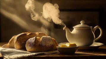 Warm bread and tea. Steam rises from freshly baked bread and a teapot on a wooden table. photo