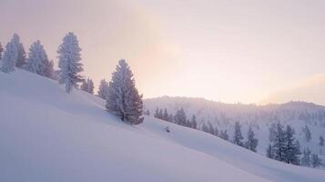Serene winter sunrise over snow-covered mountain slope with frost-covered trees. photo