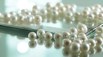 Gleaming white pearls scattered on a reflective surface. photo