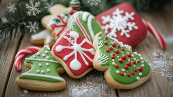Festive Christmas cookies decorated with icing and candy canes on wooden table. photo