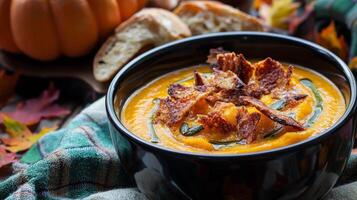 Creamy pumpkin soup with crispy sage and bread. photo