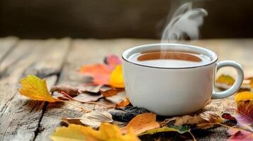 Steaming cup of tea on rustic wooden table with autumn leaves. photo