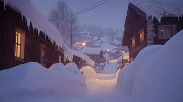 Snowy village street at twilight, illuminated by street lamps, snow covered houses and icicles. photo
