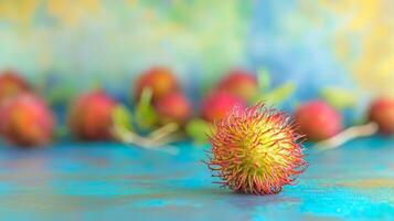 Close-up of a rambutan on a textured surface with blurred background of more rambutans. photo