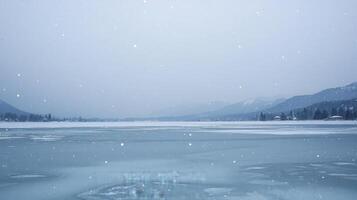 A snowy lake with ice and snow falling photo