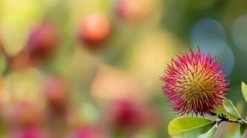 Close-up of a ripe rambutan on its branch, with blurred background of more rambutans. photo