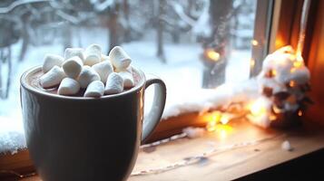 Cozy winter scene hot chocolate with marshmallows by snowy window. photo