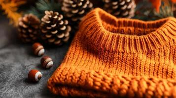 Cozy orange knit sweater with autumnal pinecones and acorns. photo