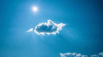 Single fluffy cloud in vibrant blue sky with sun rays. photo