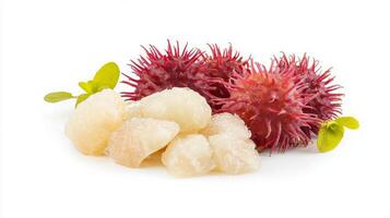 Fresh rambutan fruits and peeled segments isolated on white. photo