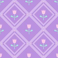 Pink Tulips flower of Argyle in seamless pattern on purple .background. Design geometric. vector
