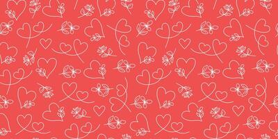 Pattern flowers, hearts. Set of line drawings, Valentines Day. Hand drawn icons, doodle. Repeating background. Seamless texture. vector