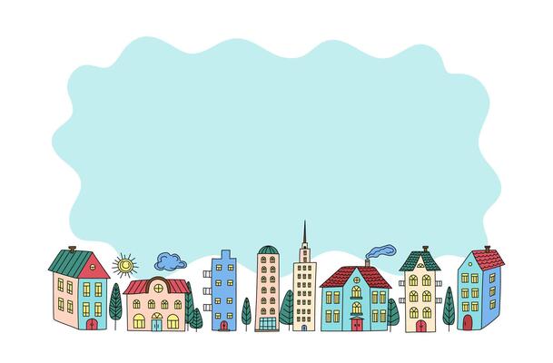 Frame, banner. Cartoon town, multicolored house. Hand drawn city, trees. Drawing, doodle. Architecture, construction, flat illustration on isolated background.
