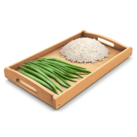 rice and green beans on a wooden tray on a transparent background png