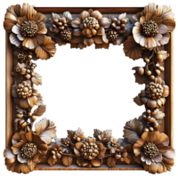 wooden frame . exquisite wooden frame with intricate detailing full of cones and flowers for picture placement . wooden border frame top view flat lay isolated. picture frame with empty center png