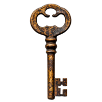 old rusty key . Old antique key with intricate design top view . antique key with rustic metallic finish flat lay isolated png