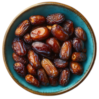 Dates in bowl . Bowl full of dates top view . bowl with date fruit flat lay isolated. organic, healthy, vegan, vegetarian dates full of vitamins isolated png