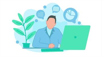Animation of office man working in front of the monitor screen and looking forward. Loop playback on 4K footage. with flat design style video