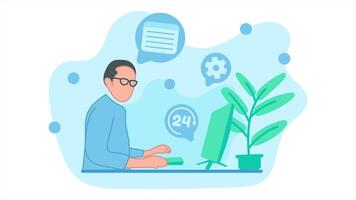 Animation of customer service person wearing glasses serves in front of the screen. good service 24 hours. Loop playback on 4K footage. lat design style video