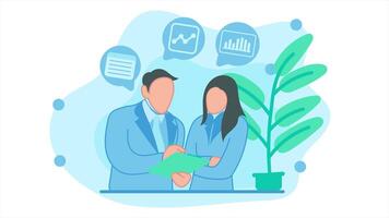 Animation of boss who is explaining a project to his female employees. explains good work. Loop playback on 4K footage. flat design style video