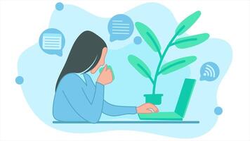 Animation of the woman is working on a task in front of a laptop with a strong network, and is also drinking coffee. Loop playback on 4K footage. with flat design style video
