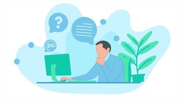 Animation of customer service in front of the computer screen. Loop playback on 4K footage. flat design style video