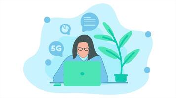 Animation of career woman is working seriously in front of a laptop and there is a smartphone. Working on office task targets. Loop playback on 4K footage. flat design style video