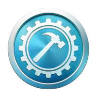 shiny silver circular button featuring minimalist hammer and gear design, symbolizing tools and engineering. This conveys sense of craftsmanship and innovation png