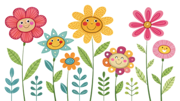 Colorful cartoon flowers with smiling faces and various patterns create cheerful and whimsical scene. vibrant colors and playful designs evoke sense of joy and creativity png