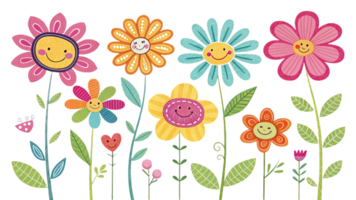 Colorful cartoon flowers with smiling faces and various patterns create cheerful and playful scene. Perfect for children designs or joyful themes png