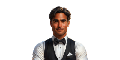 Waiter in Vest With Tie Isolated on Transparent Background. png