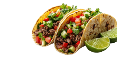 Delicious tacos with beef, vegetables, and lime isolated on transparent background png